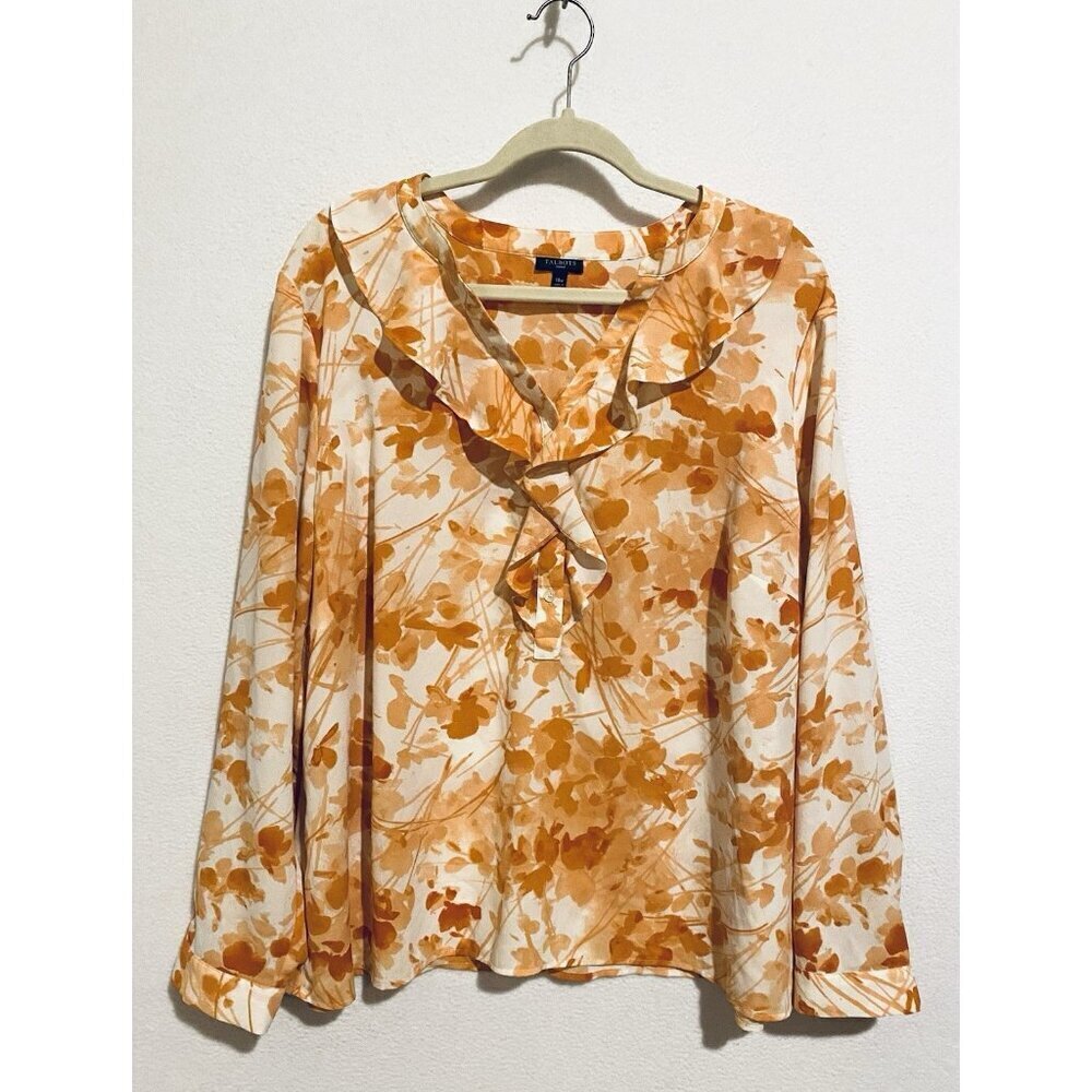 Talbots Top Womens 18W Orange Floral Ruffle Front Popover Chiffon Romantic